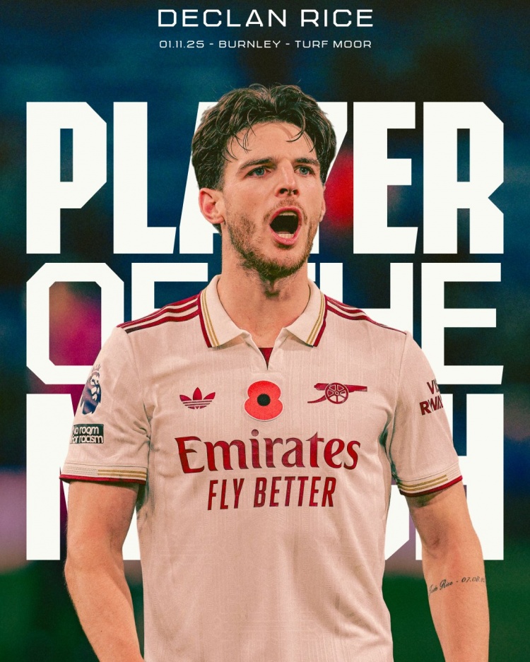 头球破门！赖斯当选对阵伯恩利一役阿森纳队内最佳球员