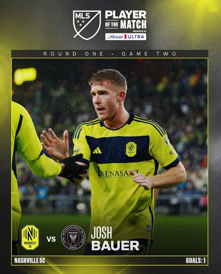 扫射破门，官方：乔什-鲍尔当选纳什维尔2-1迈阿密国际全场最佳