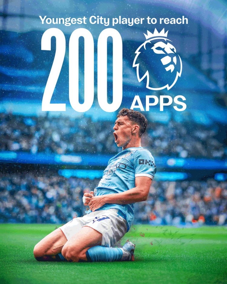 25岁158天，福登超越斯特林成为代表曼城出战200场英超最年轻球员