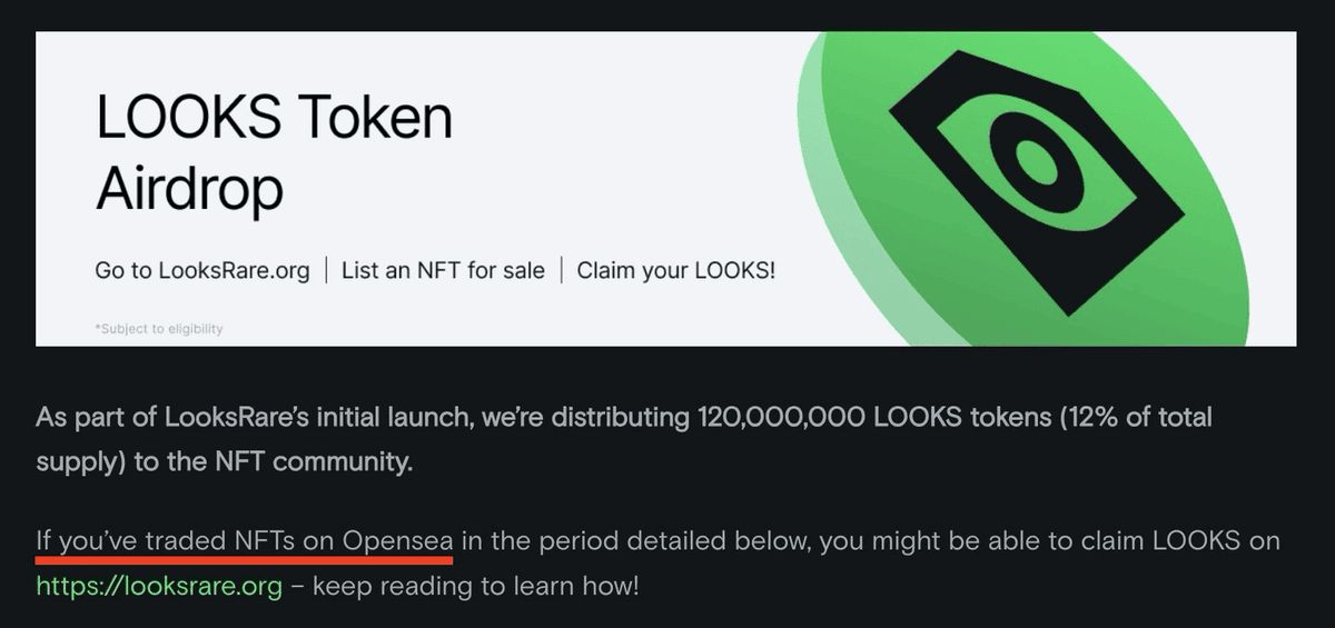 Looksrare 直接向 OpenSea 发起吸血鬼攻击|Source:Looksrare