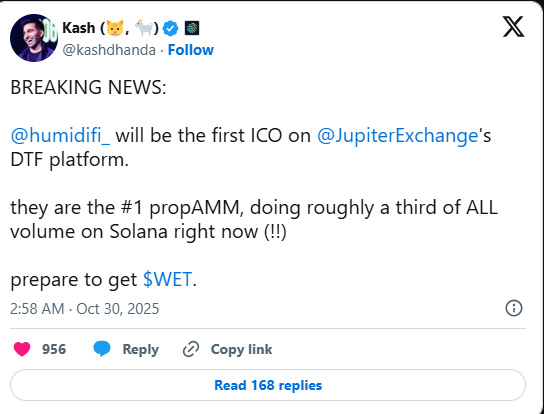 HumidiFi $WET 将成为 Jupiter DTF 的首次代币发行