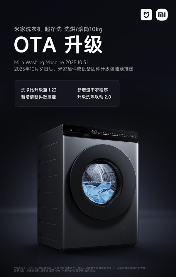 米家洗衣机超净洗10kg系列推送OTA:升级1.22洗净比、洗烘联动2.0