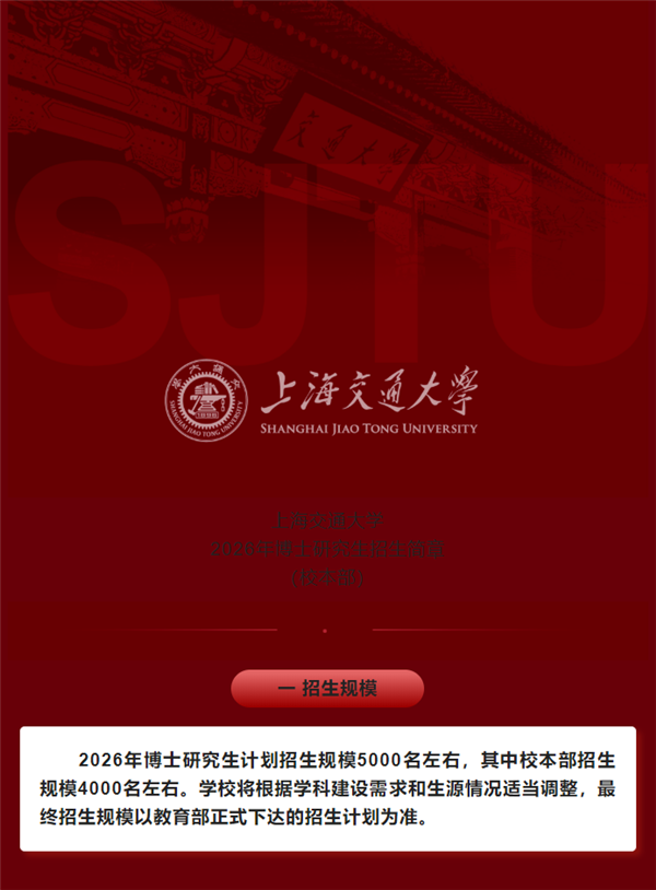上海交大博士招生或超本科!2026年博士招生简章发布:计划招5000人