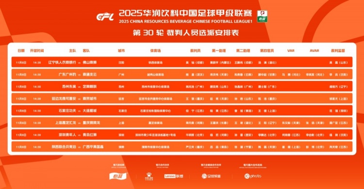 中甲第30轮裁判安排：广东广州豹vs南通支云等4场安排有VAR