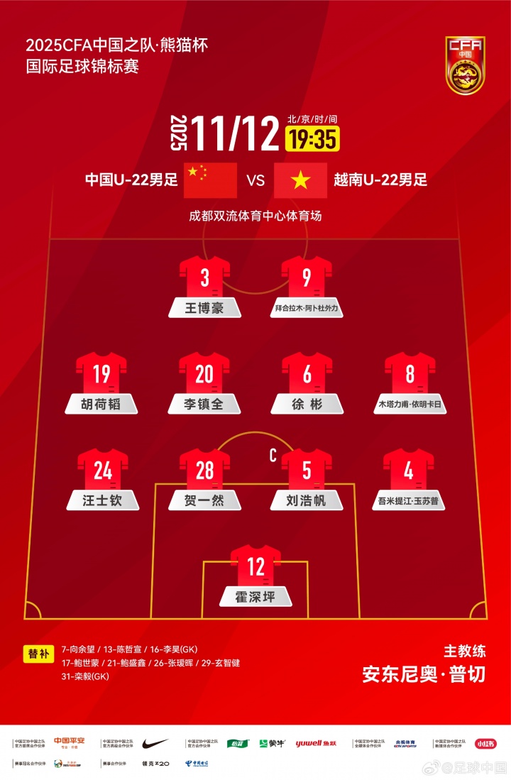 442！国足U22官方阵型图：锋线王博豪搭档拜合拉木，胡荷韬左前卫