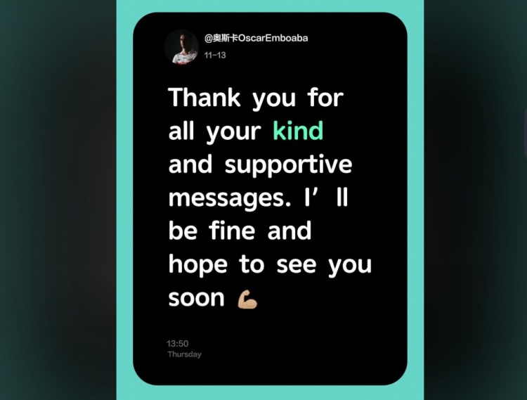 奥斯卡再报平安：感谢球迷们发来的祝福与留言，请放心我没事的