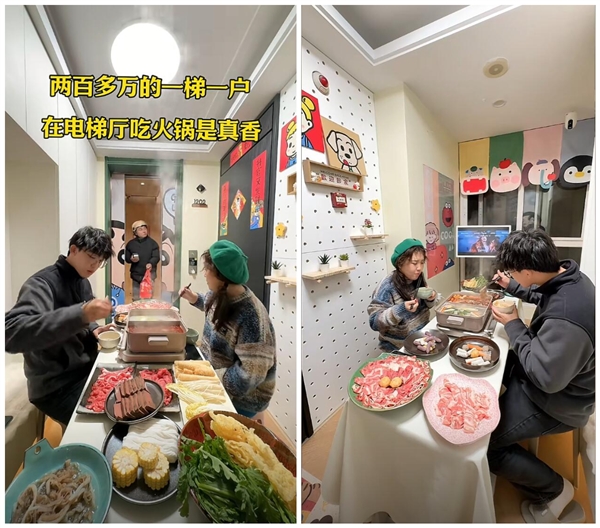 女子爆改公摊电梯厅涮火锅引争议 网友认为有安全隐患