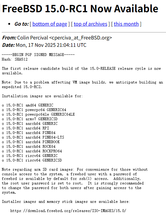 FreeBSD 15.0-RC1 发布，预计 12 月 2 日推出最终稳定版