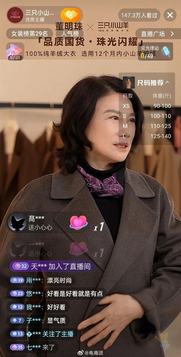 71岁董明珠现身直播间卖大衣 网友：很有气质就是1.5万太贵