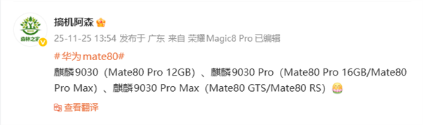 华为Mate 80系列共3款处理器：麒麟9030、麒麟9030 Pro、麒麟9030 Pro Max