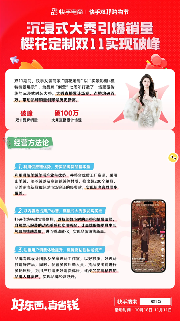 沉浸式大秀引爆大促销量 快手女装商家「樱花定制」时装大秀破峰双11