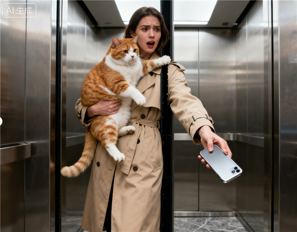 女子抱猫进电梯手机掉进电梯缝  急中生智取出手机