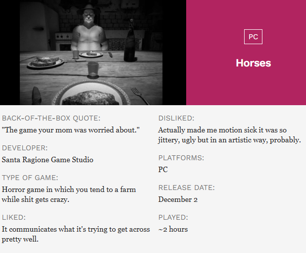 外媒评测被双平台封杀游戏《Horses》：审核太软弱！