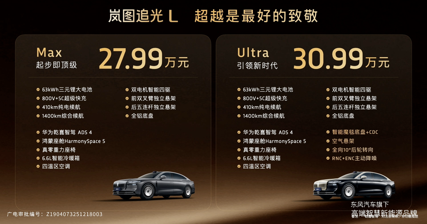 岚图追光 L“新时代旗舰轿车”上市：综合续航 1400km，27.99 万-30.99 万元