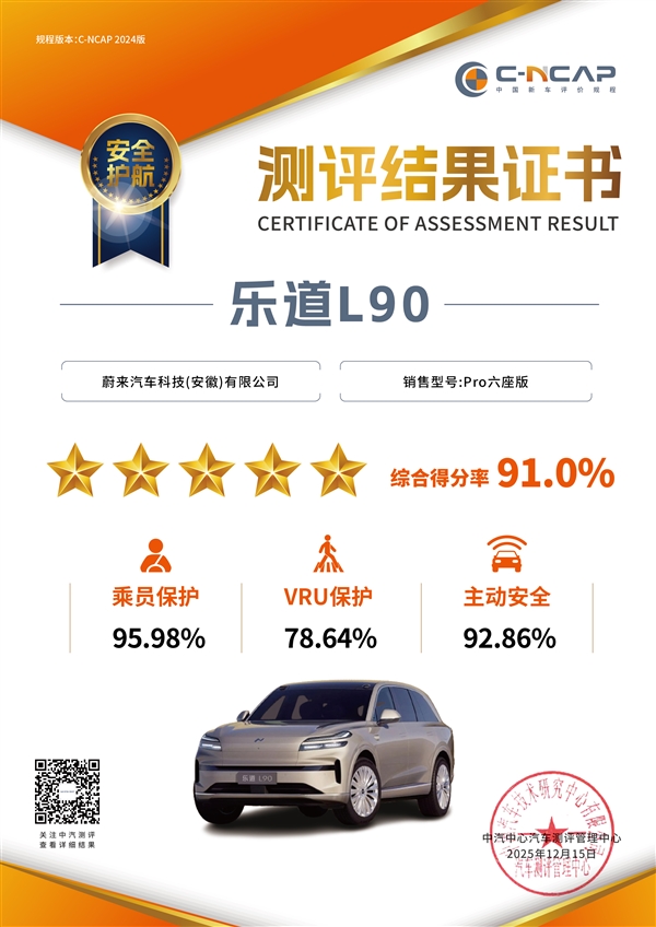 乐道L90荣获大三排SUV首个C-NCAP & C-GCAP双五星认证