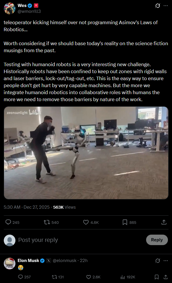 宇树G1机器人测试时突然踹工程师一脚 马斯克评论“笑哭”表情