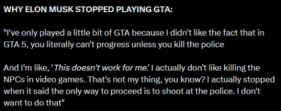 马斯克拒玩《GTA6》!奇葩理由把网友气笑了