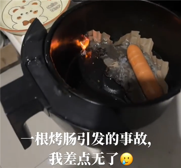 油纸别乱买！女子空气炸锅垫纸烤肠直接起火