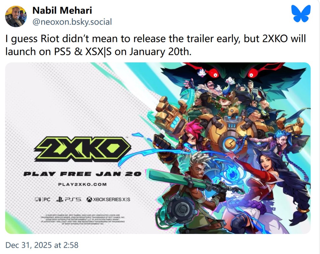 免费格斗游戏《2XKO》2026年1月20日离开抢先体验